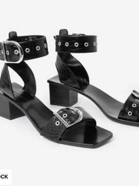 The Kooples Black Leather Sandals Size 38 US 8 Silver Buckle Block Heel Croc
